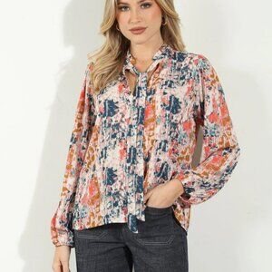 VERONICA M Shelbie Tie Neck Blouse Multicolor Abstract Slight Ruffle Puff Sleeve